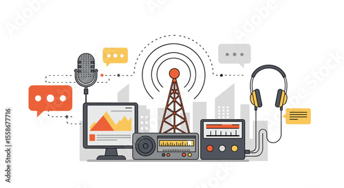 Radio broadcast setup vector illustration: communication and media design for posters, flat style