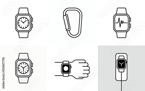 Minimalist Line Art Illustrations Smartwatch, Carabiner, Fitness Tracker