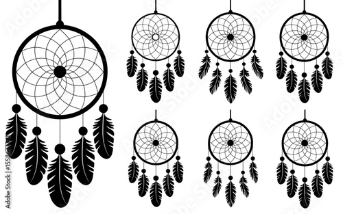 A Set of Six Black and White Dreamcatcher Designs  Elegant Vector Illustrations