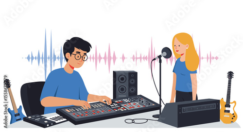 Music production scene vector illustration: recording studio vibe, flat design for poster or card