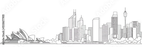 Sydney Skyline A Black and White Line Drawing of Iconic Architecture