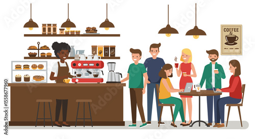 Cozy coffee shop gathering vector illustration: flat style design for cafe posters and cards