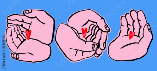 Human hands holding small hearts. Tiny red hearts lying in palms. Hand drawn modern Vector illustration. Isolated design elements. Poster, print, sticker templates. Care, support, love concept