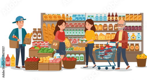 Grocery shopping vector illustration: market scene and family grocery trip design in flat style