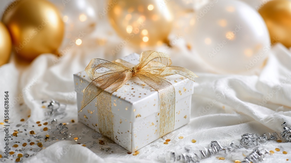 A white gift box decorated with gold ribbons on a white cloth and a shiny gold decorated balloon. Generative AI
A white gift box decorated with gold ribbons on a white cloth and a shiny gold decorated balloon. Generative AI