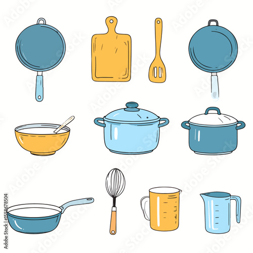 Kitchenware collection features pans pots bowls cutting board and measuring cups