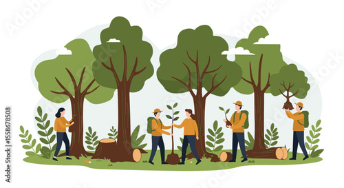 Reforestation teamwork vector illustration for environmental poster in flat style
