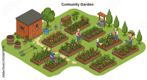 Community garden concept vector illustration in isometric style for eco-friendly design and poster use