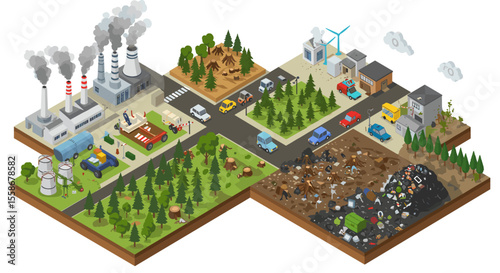 Environmental impact and industrialization vector illustration: isometric design for educational posters