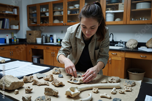Focused female archaeologist meticulously assembles ancient fossil fragments with tweezers at a lab table, piecing together historical artifacts and contributing to paleontology research