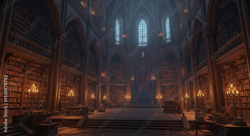 Obraz premium Grand Medieval Library Hall with Tall Arched Windows and Illuminated Bookshelves