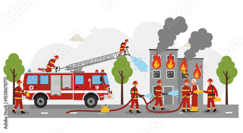 Firefighter team in action: vector illustration for safety education and emergency response design in flat style
