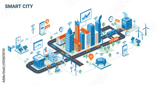 Smart city vector illustration - modern infrastructure and technology in isometric style for digital design