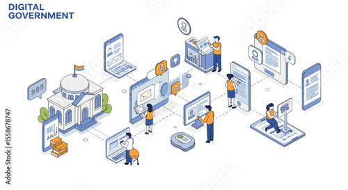 Digital government transformation vector illustration: isometric design for technology and administration concepts