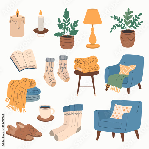 The image shows various cozy elements such as a candle chair book mug socks and slippers