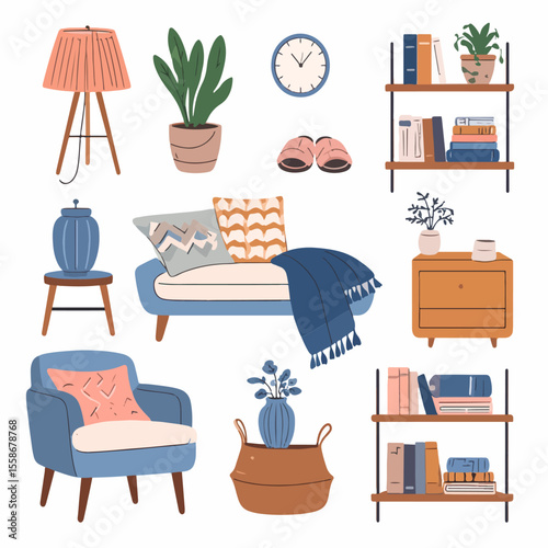 A collection of home decor elements furniture shelves plants and decorative objects