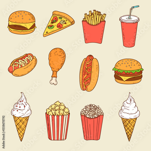 An array of cartoonstyle junk food burgers hot dogs pizza fries soda fried chicken popcorn and ice cream cones