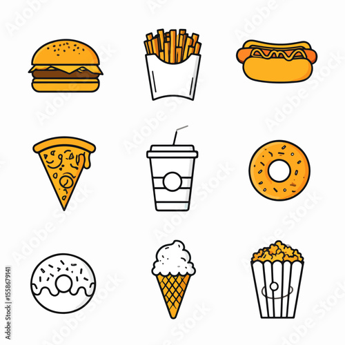 9 stylized fastfood icons arranged in a grid