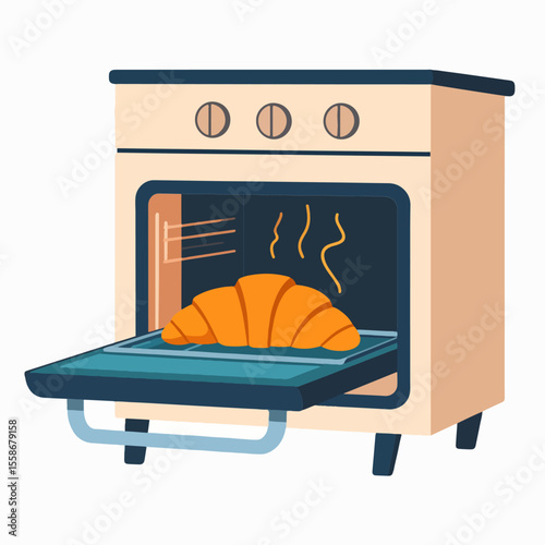 An oven with its door open and a golden croissant baking inside