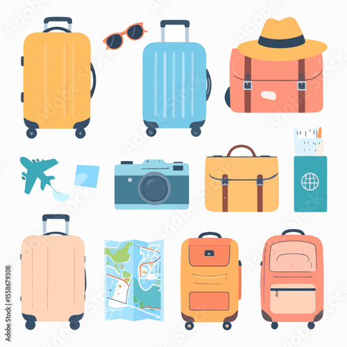 Pixel art travel items are scattered on white showcasing luggage a camera map passport plane and more