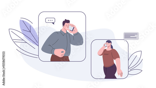 Digital communication. Mobile conversation, talking with boyfriend or wife. People talks on smartphone, dialogue, flirting, messages vector scene