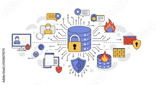 Cyber security concept with data protection elements in flat vector illustration for poster or web design
