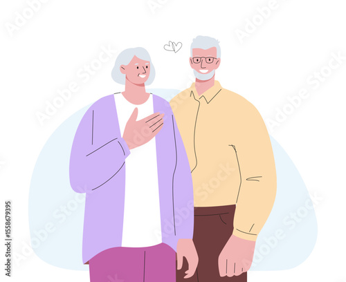 Elderly couple in love. Romantic relationship in old ages, grandparents together. Activity lifestyle on retire, flirting, meeting and dating, vector characters