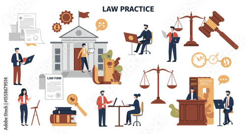 Law practice vector illustration: legal profession, justice symbols for design, flat style