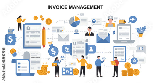 Vector illustration of invoice management process design for posters in flat style