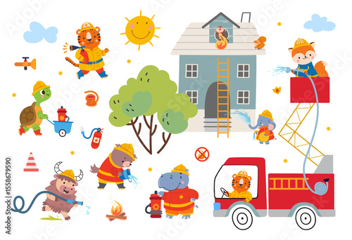 Animals firefighters. Funny animal firemen extinguish flame and rescue characters from burning home. Firetruck, watering house from emergency hose, nowaday vector scene