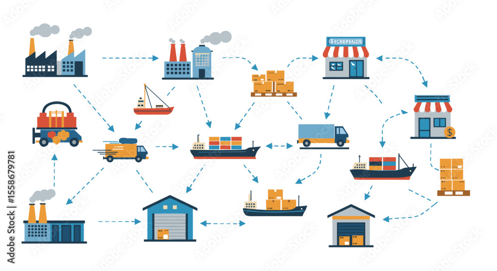Supply chain process vector illustration for logistics and transportation design in flat style Supply chain process vector illustration for logistics and transportation design in flat style