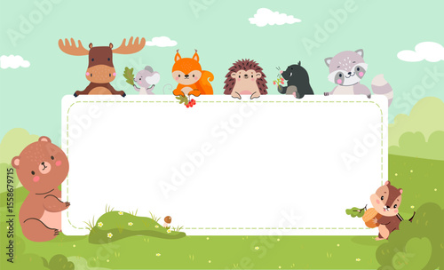 Childish empty banner with animals. Funny bear fox hedgehog raccoon holding board with space for text. Nature characters, valley landscape nowaday vector scene