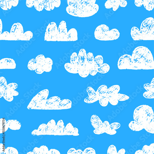 Chalk clouds seamless pattern. White cloud crayon doodle style drawing. Children design, weather nature print for fabric, wallpaper, neoteric vector background