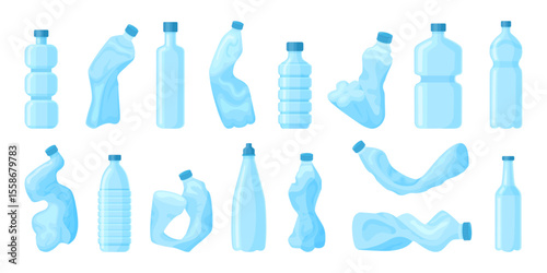Cartoon crumpled bottles. Plastic trash, crush water containers. Broken and disposable flasks, empty packages for beverages, neoteric vector clipart