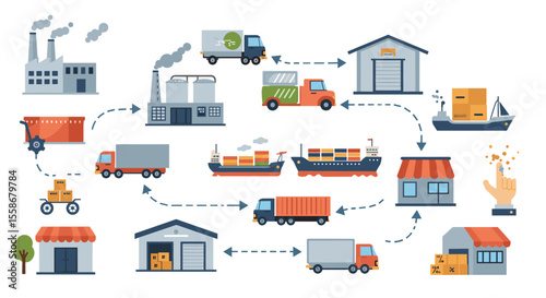 Supply chain process vector illustration: flat style design for logistics and distribution