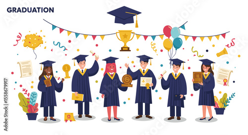 Graduation celebration vector illustration: group of students with diplomas and trophies in flat style for card or poster design