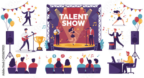 Talent show performance vector illustration: vibrant flat style design for signage and posters