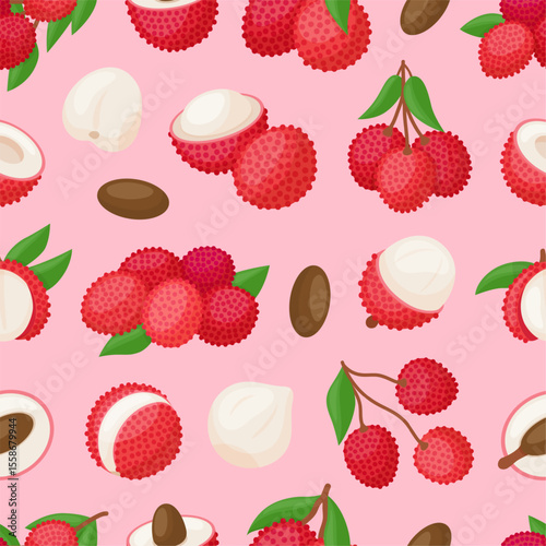 Lychee seamless pattern. Bright exotic fruits with leaves, whole and cut. Sweet vitamin fruit print for wrapping fabric design, neoteric vector background