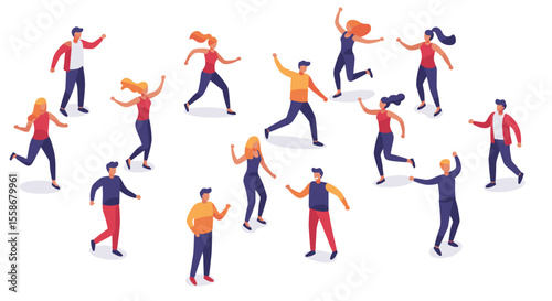 Isometric vector illustration of happy people dancing for team building design