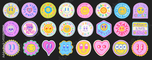 Cool Groovy Hand-Drawn Stickers Vector Design. Trendy Doodle Smile Patches. Cute Emoji Funny Characters Pop Art Design.