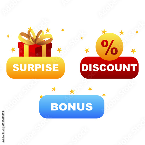 Colorful sale labels with surprise, discount and bonus tags. Vector illustration