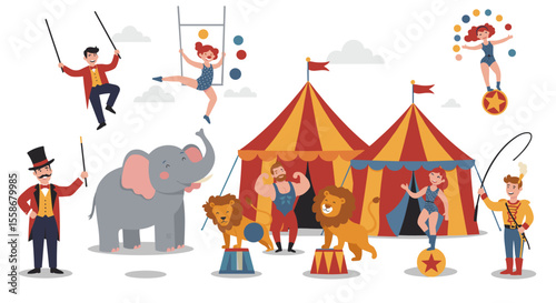 Whimsical circus performance vector illustration for fun event designs in flat style