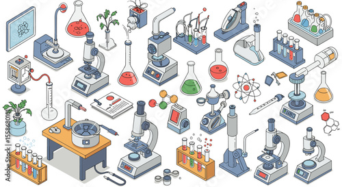 Science laboratory instruments vector illustration: educational design for poster, flat isometric style