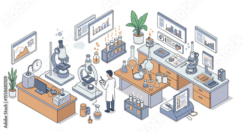 Scientific research laboratory on chemistry vector illustration with isometric design for educational and analytical purposes