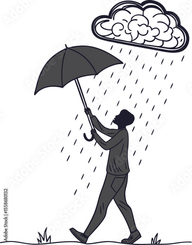 Person walking under rain with umbrella isolated on transparent background