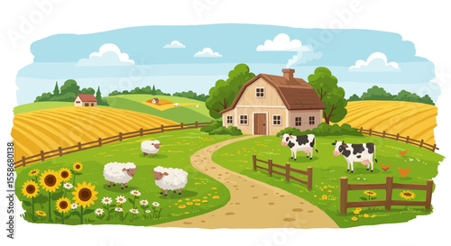 Rustic farm scene vector illustration: countryside animals and nature for design and decor
