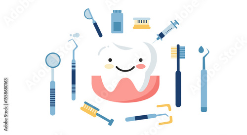 Dental care vector illustration: cute tooth with dental tools for healthcare design in flat style