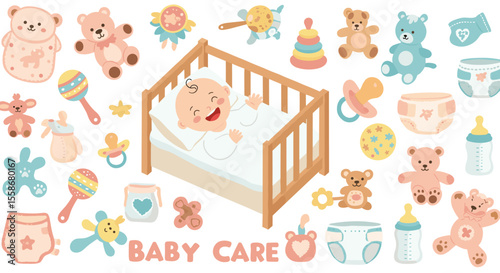 Baby care essentials vector illustration for nursery decor in flat style