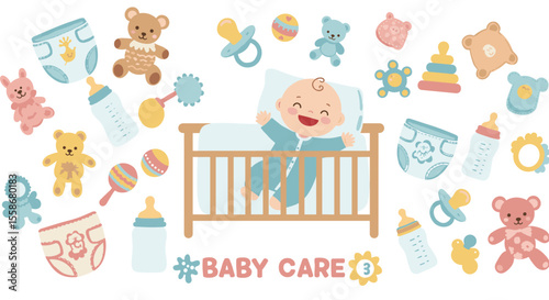 Baby care vector illustration: cute flat style design for toys, nursery, and parenting print