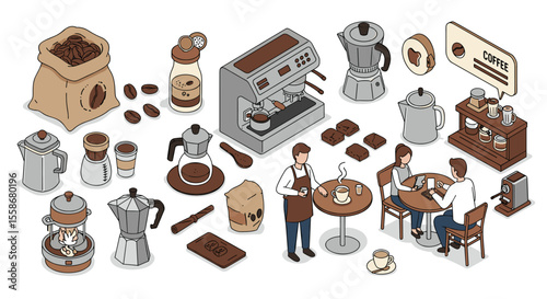 Cozy coffee shop elements vector illustration for menu and poster design in flat isometric style